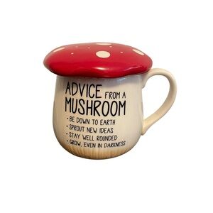Our Name is Mud Advice from a Mushroom Ceramic Mug with Polka Dot Lid Red White